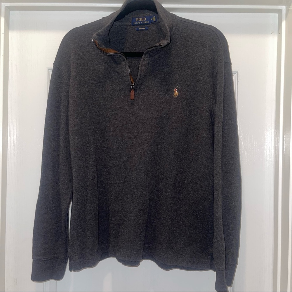 Polo by Ralph Lauren Long Sleeve Mens Pullover Size Medium w leather zipper pull